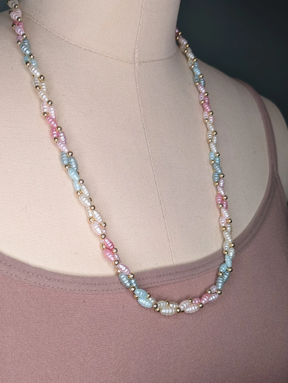 Vintage Freshwater Rice Pearl Necklace Pastel Pink Blue White Torsade Strand